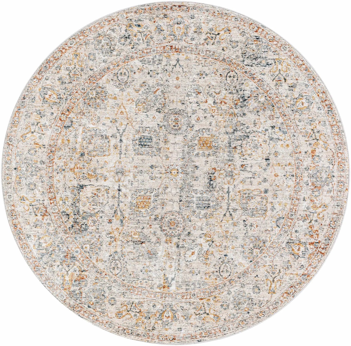 Round Forth Luxe Rug in light beige with a vintage floral pattern by Boutique Rugs on Tampa Home & Garden Store