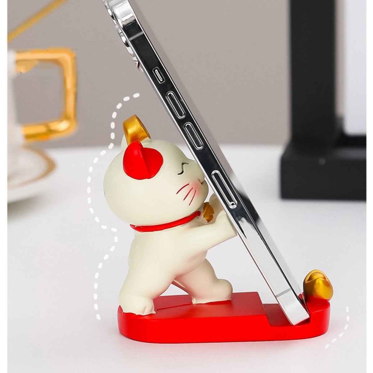 Fortune Cat Phone Stand by Shaketea, Maneki Neko with red collar and gold bell on red base on Tampa Home & Garden Store