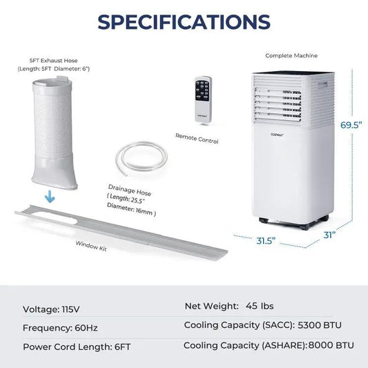 DirectDeals 8000 BTU air cooler with dehumidifier and remote control; white 3-in-1 appliance with hoses on Tampa Home & Garden Store
