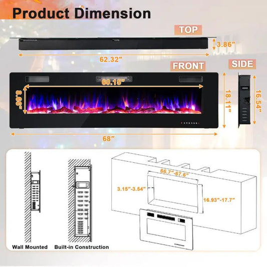 DirectDeals 68-Inch ultra-thin recessed electric fireplace, black finish, built-in wall unit on Tampa Home & Garden Store