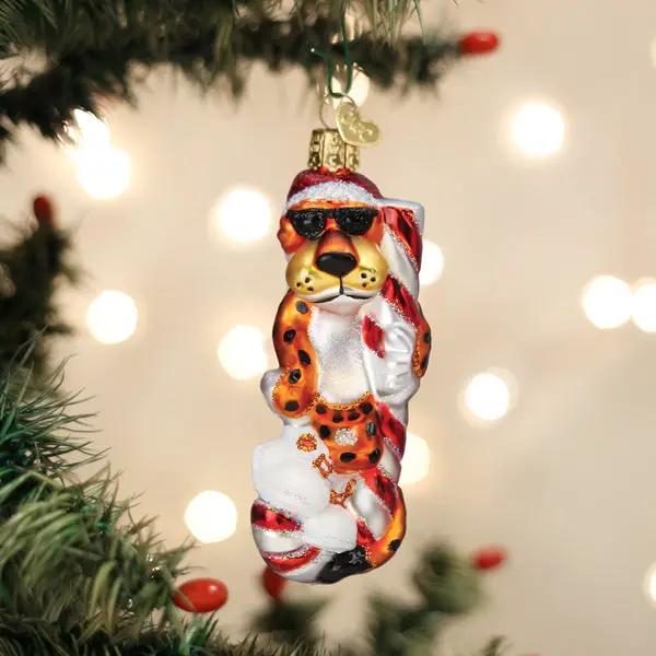 Chester Cheetah Candy Cane Glass Ornament, orange cheetah figure, red Santa hat, gold top cap on Tampa Home & Garden Store