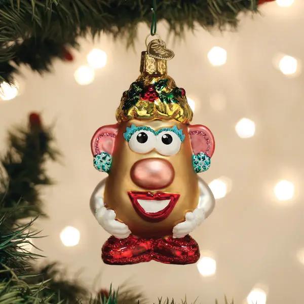 Mrs Potato Head Glass Ornament, gold-bodied Christmas figure with festive hat on Tampa Home & Garden Store