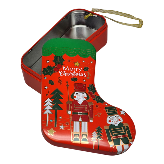 Nutcracker stocking cookie tin ornament red metal with Merry Christmas by The Country Christmas Loft on Tampa Home & Garden Store
