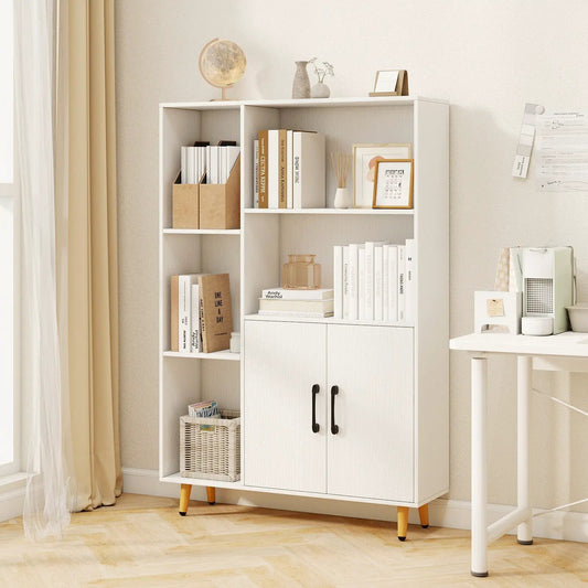 Free Standing Pantry Cabinet with 2 Doors; open shelves with books and baskets on Tampa Home & Garden Store