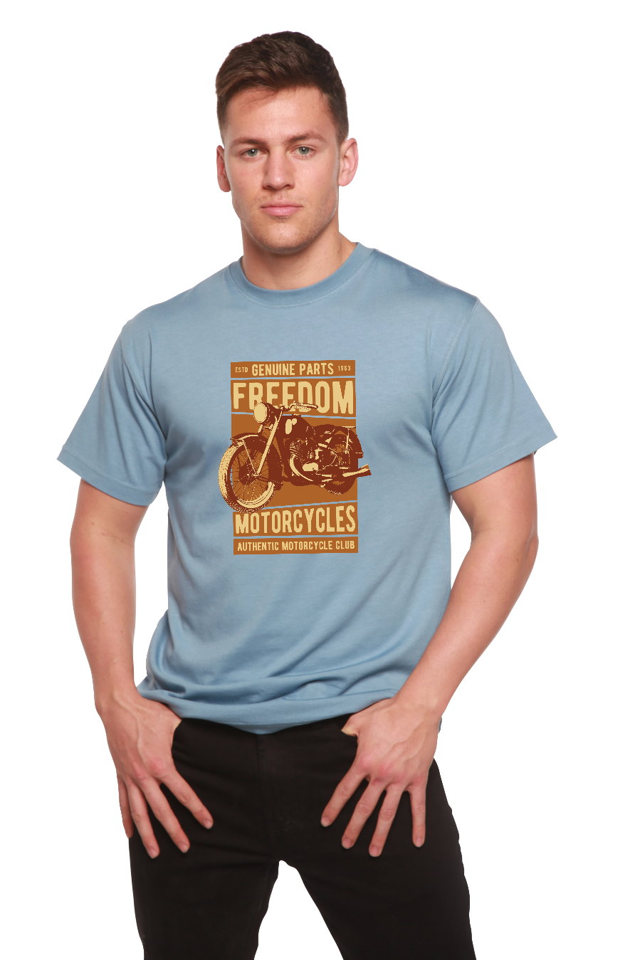 Freedom Motorcycles men's bamboo T-shirt light blue with motorcycle graphic by Spun Bamboo on Tampa Home & Garden Store