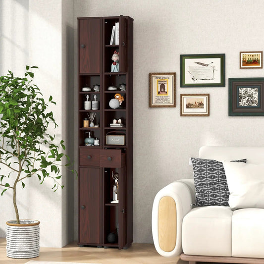 Slim freestanding bathroom cabinet with drawer in dark brown wood and adjustable shelves on Tampa Home & Garden Store