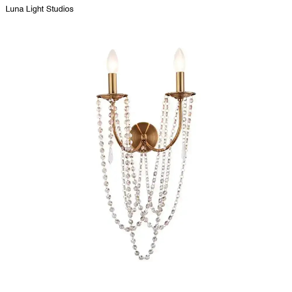 French country brushed brass crystal wall sconce with twin candle bulbs and crystals Decorbites on Tampa Home & Garden Store