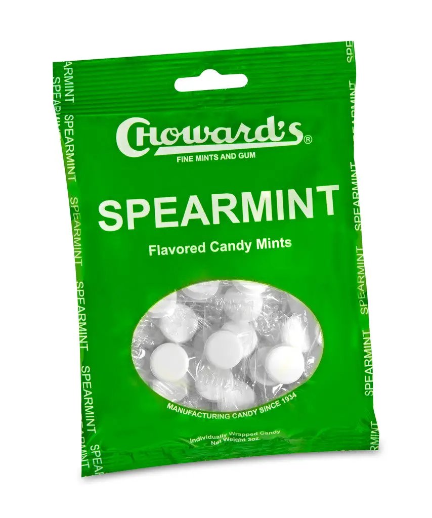 Choward's Spearmint Flavored Candy Mints bag, green packaging, white mints visible on Tampa Home & Garden Store