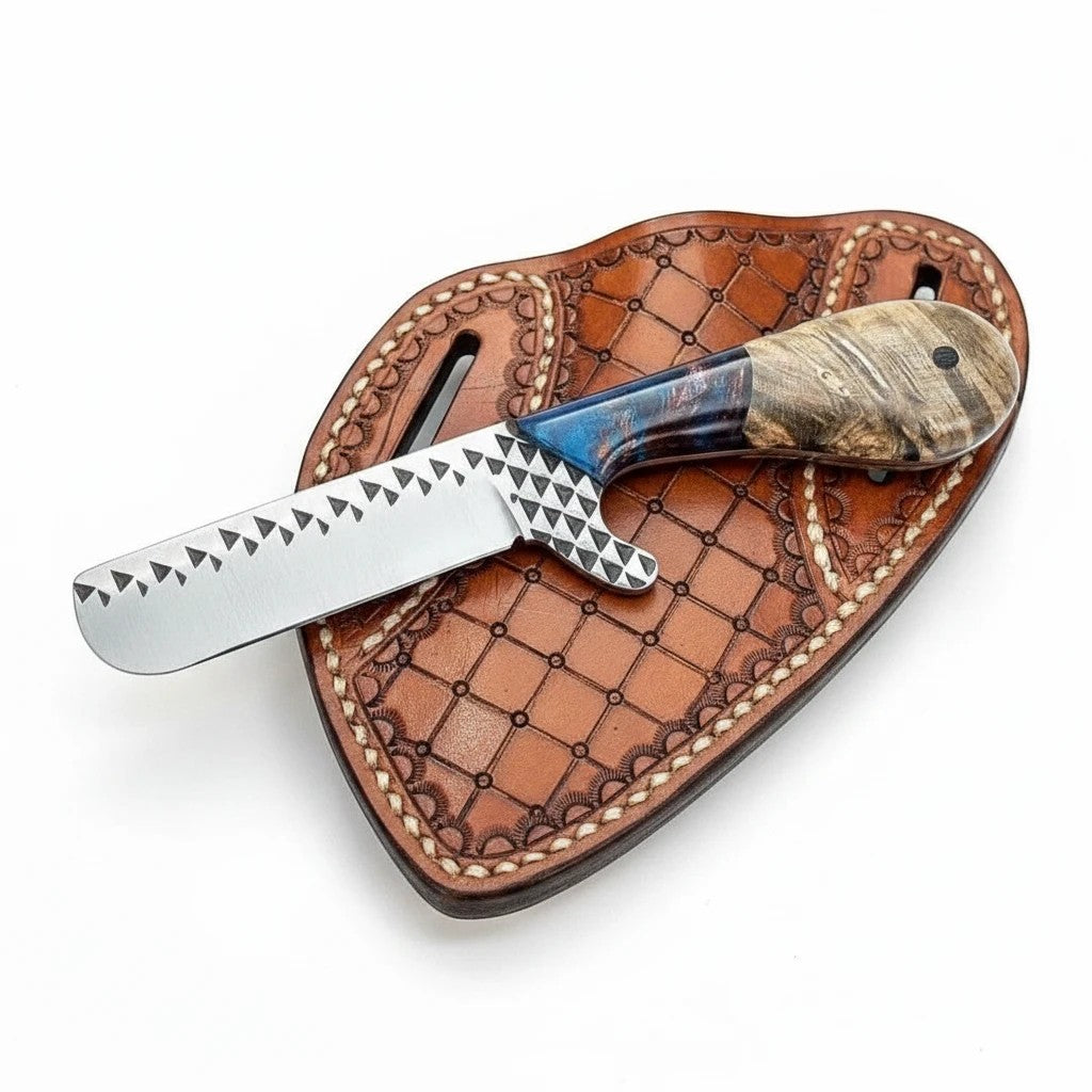 The Stampede farrier knife with rasp steel blade and rosewood epoxy handle leather sheath on Tampa Home & Garden Store