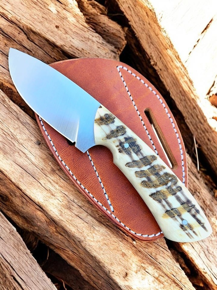 Handmade D2 steel cross draw knife with sheep-horn handle and leather sheath on Tampa Home & Garden Store