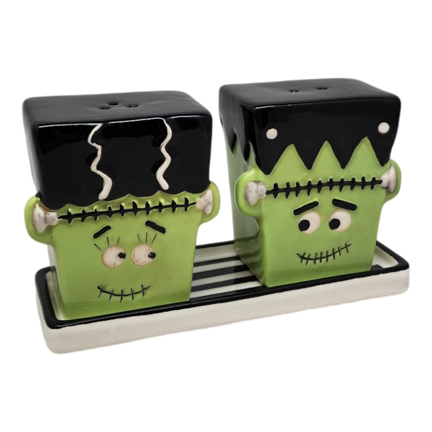 Frankenstein and Bride salt and pepper shakers set, 2-piece green ceramic with black lids on Tampa Home & Garden Store