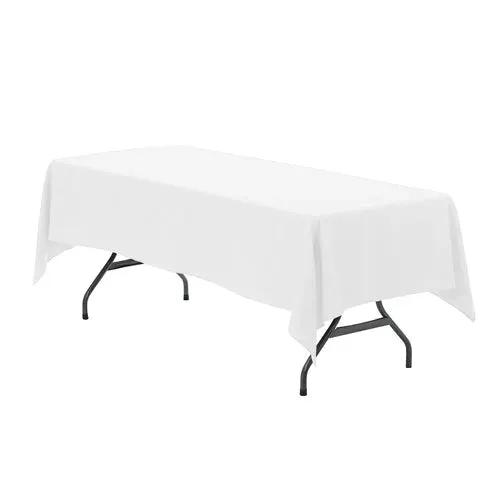 60 x 126 inch rectangular white tablecloth draped over a folding banquet table on Tampa Home & Garden Store