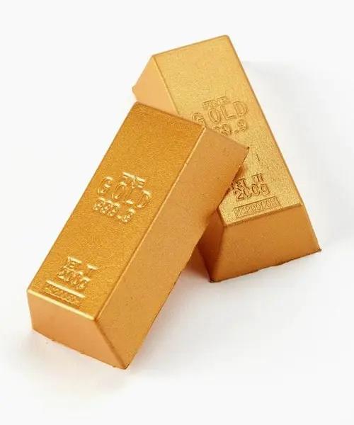 Gold Bullion Stress Relief Bar Squishy Toy, 2 gold-tone bars with embossed markings on Tampa Home & Garden Store