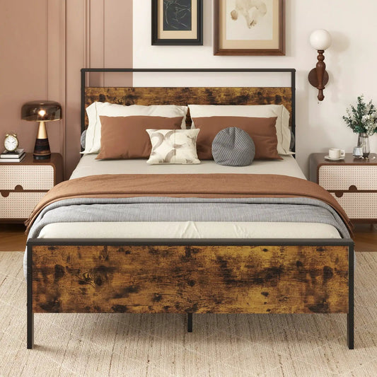 King metal platform bed with distressed wooden headboard and black metal frame on Tampa Home & Garden Store