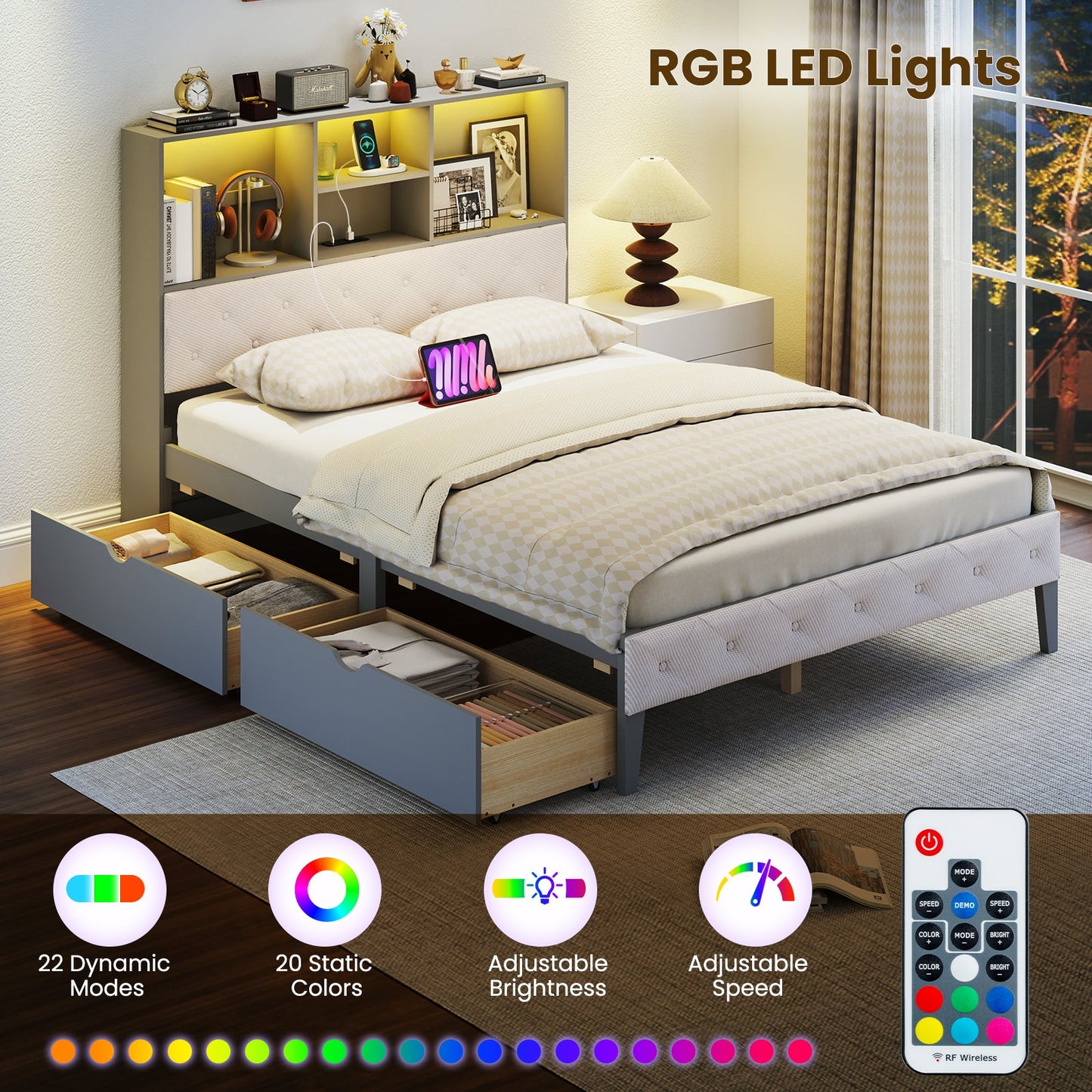 Base de cama de tamaño matrimonial con cabecero tipo estantería y luces LED-Gris