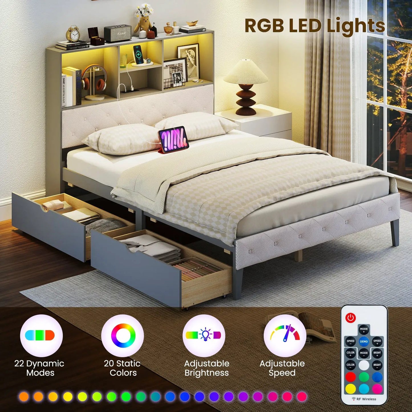 Full Size Bed Frame with Bookcase Headboard and LED Lights-Gray - Tampa Home & Garden Store
