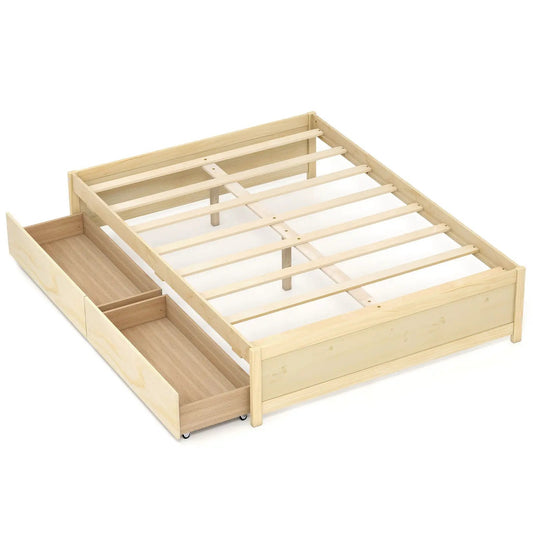 Full size wooden bed frame with 2 rolling underbed drawers, pine finish, slatted support on Tampa Home & Garden Store