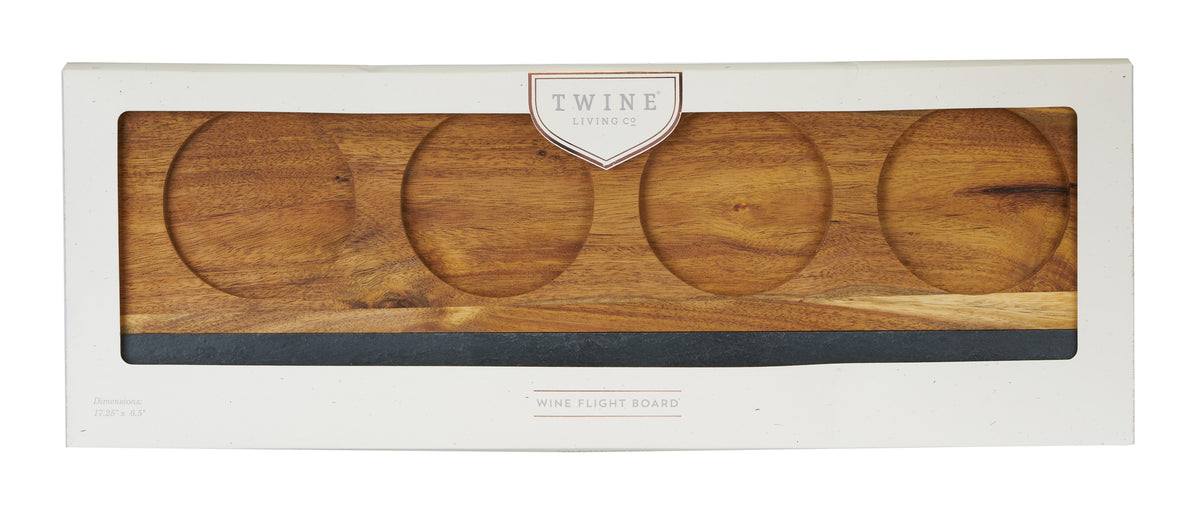 Acacia wood wine flight board by Twine Living with four circular wells and natural finish on Tampa Home & Garden Store