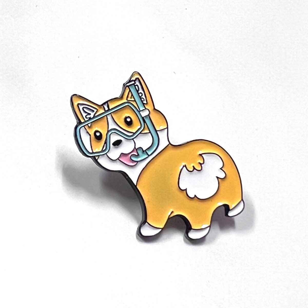 Corgi enamel pin with turquoise diving goggles, Shaketea dog brooch for bags on Tampa Home & Garden Store