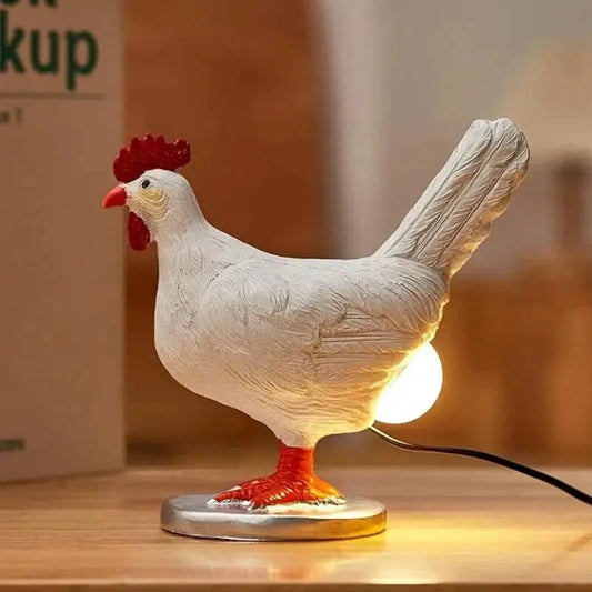 Chicken table lamp LED night light, white hen with red comb and orange legs, glowing base on Tampa Home & Garden Store