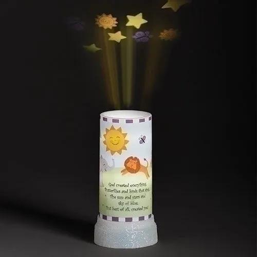 Led projector night light God Created Everything, white lamp projecting stars and sun on Tampa Home & Garden Store