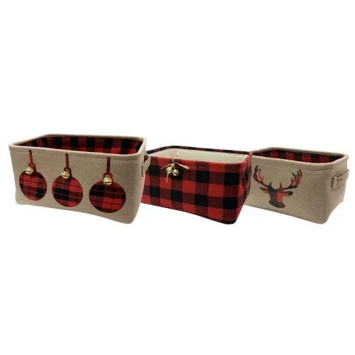 Buffalo Check Holiday Baskets set of 3 bins with tan exteriors and plaid interiors, deer motif on Tampa Home & Garden Store