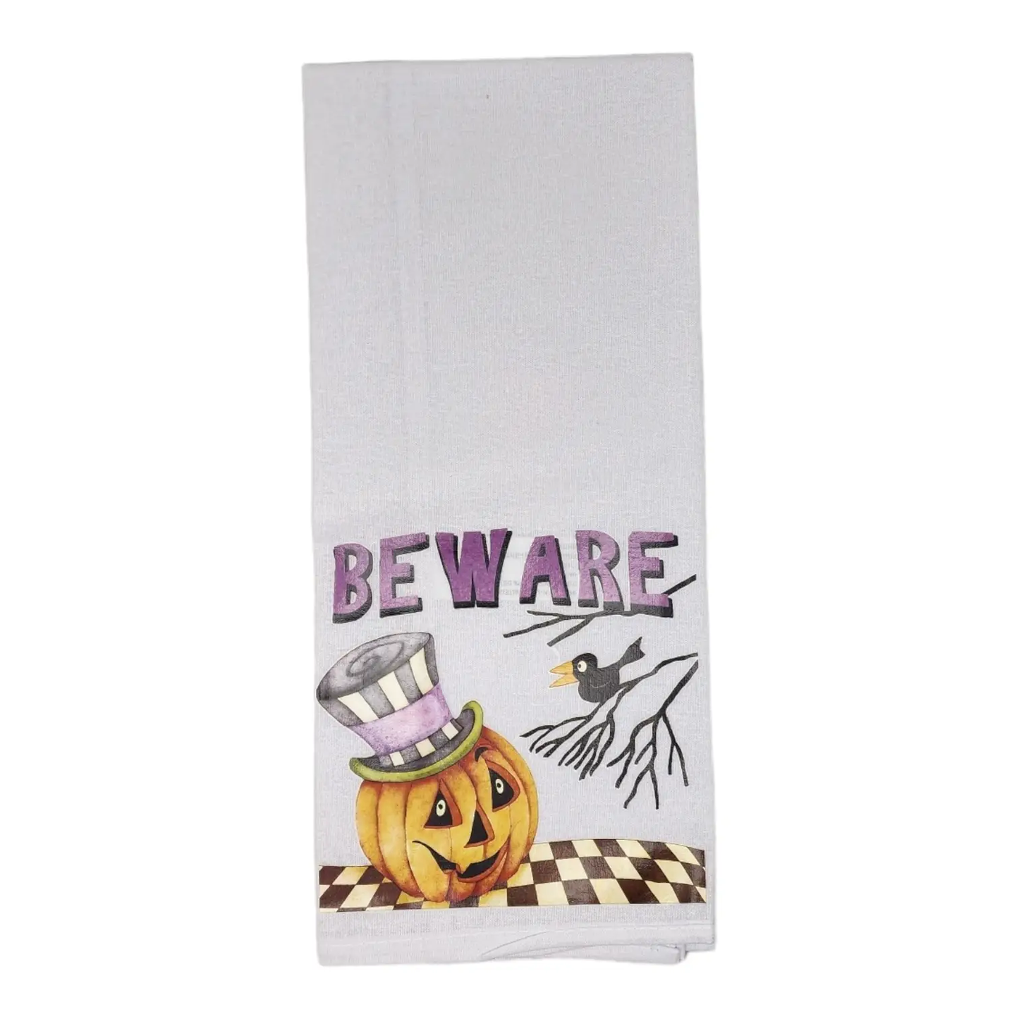 Halloween tea towel Beware with pumpkin and crow scene, 100% cotton, The Country Christmas Loft on Tampa Home & Garden Store
