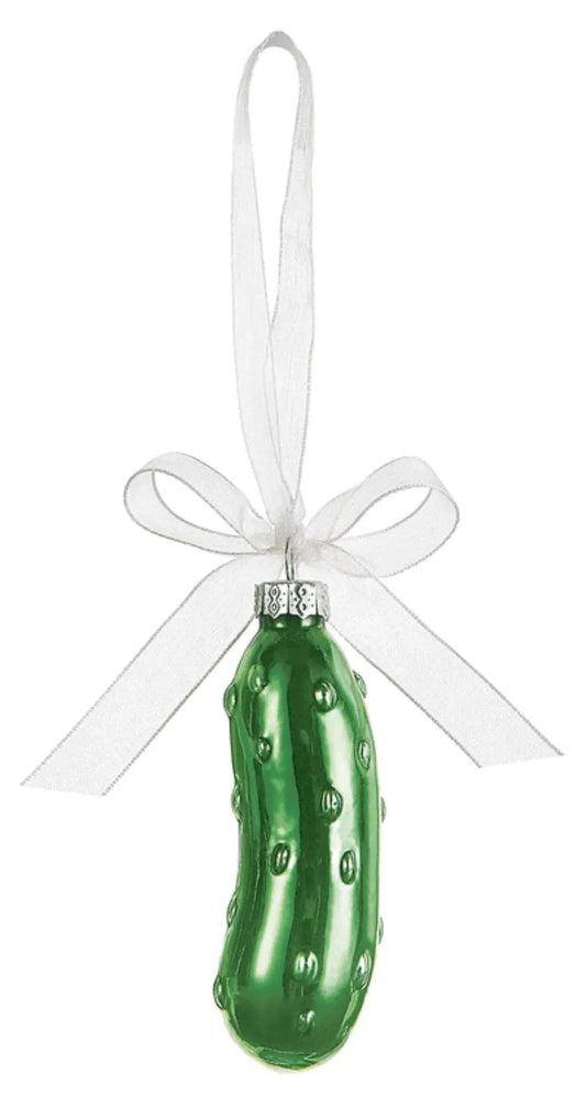 Green glass Christmas pickle ornament with a white ribbon bow and silver cap on Tampa Home & Garden Store
