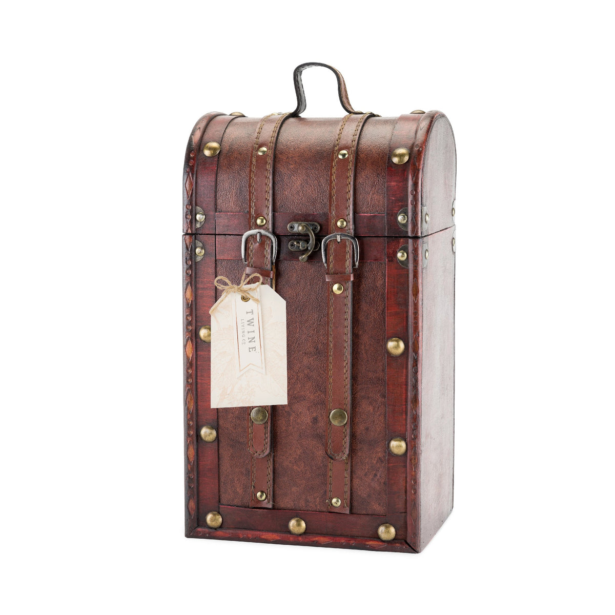 2 Bottle Antique Wooden Wine Box Twine Living, brown distressed wood with brass studs on Tampa Home & Garden Store