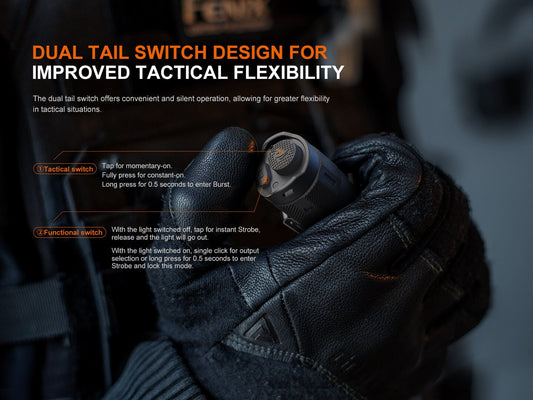 Fenix Store TK17 dual-switch tactical flashlight held in gloved hand, black aluminum handheld torch on Tampa Home & Garden Store