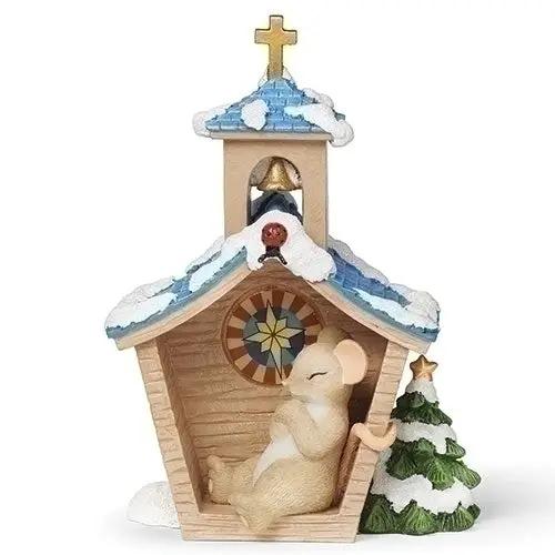 Church mouse figurine, Charming Tails, snow-topped wooden church with tree on Tampa Home & Garden Store