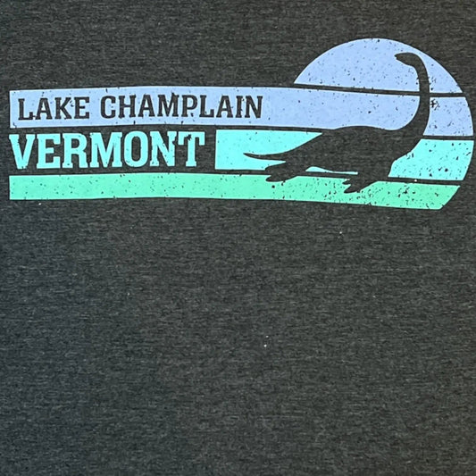 Vermont Champ T-Shirt grey with Lake Champlain legend graphic and teal stripes on dark fabric on Tampa Home & Garden Store