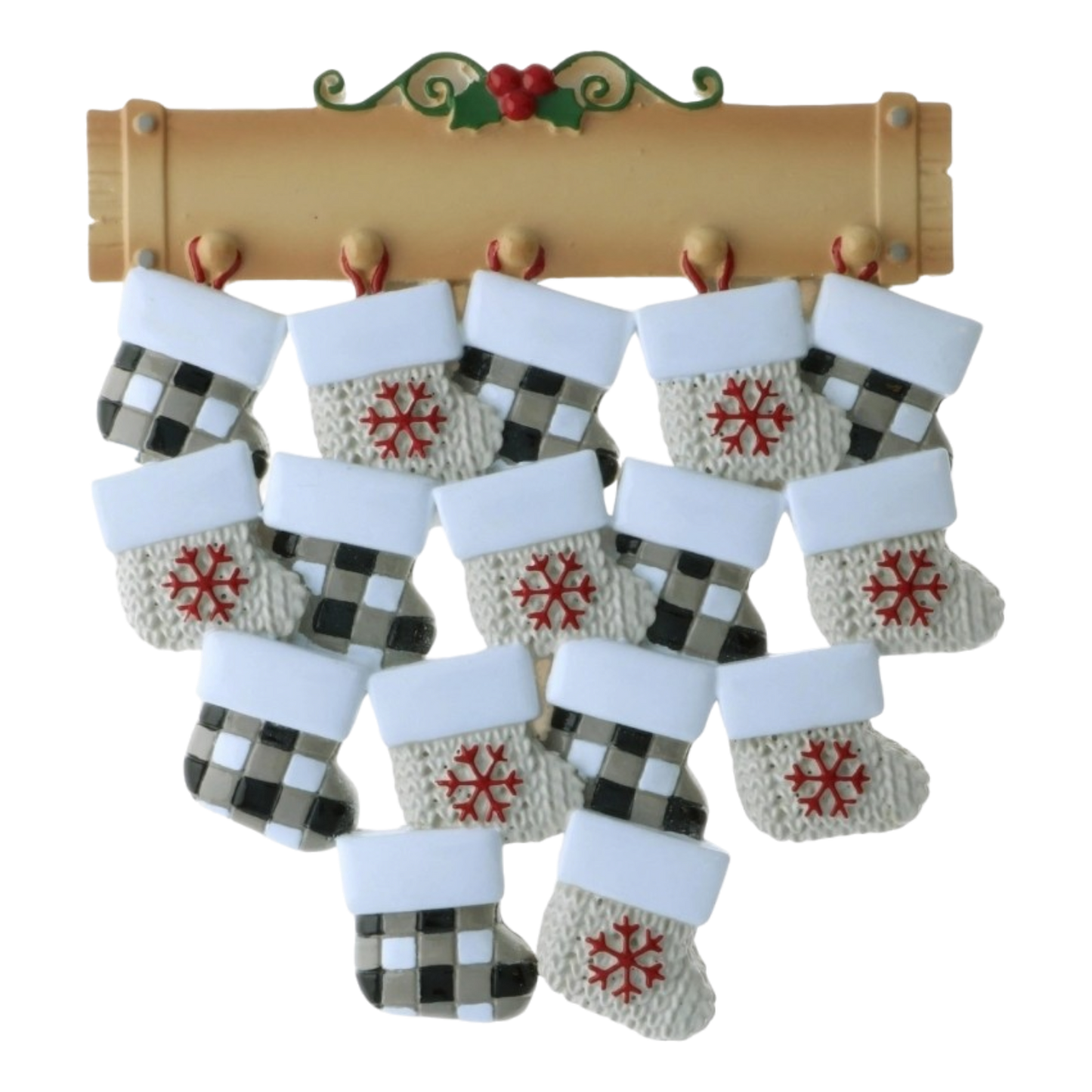 Stocking Family up to 16 ornaments set with white cuffed stockings and snowflake designs on Tampa Home & Garden Store