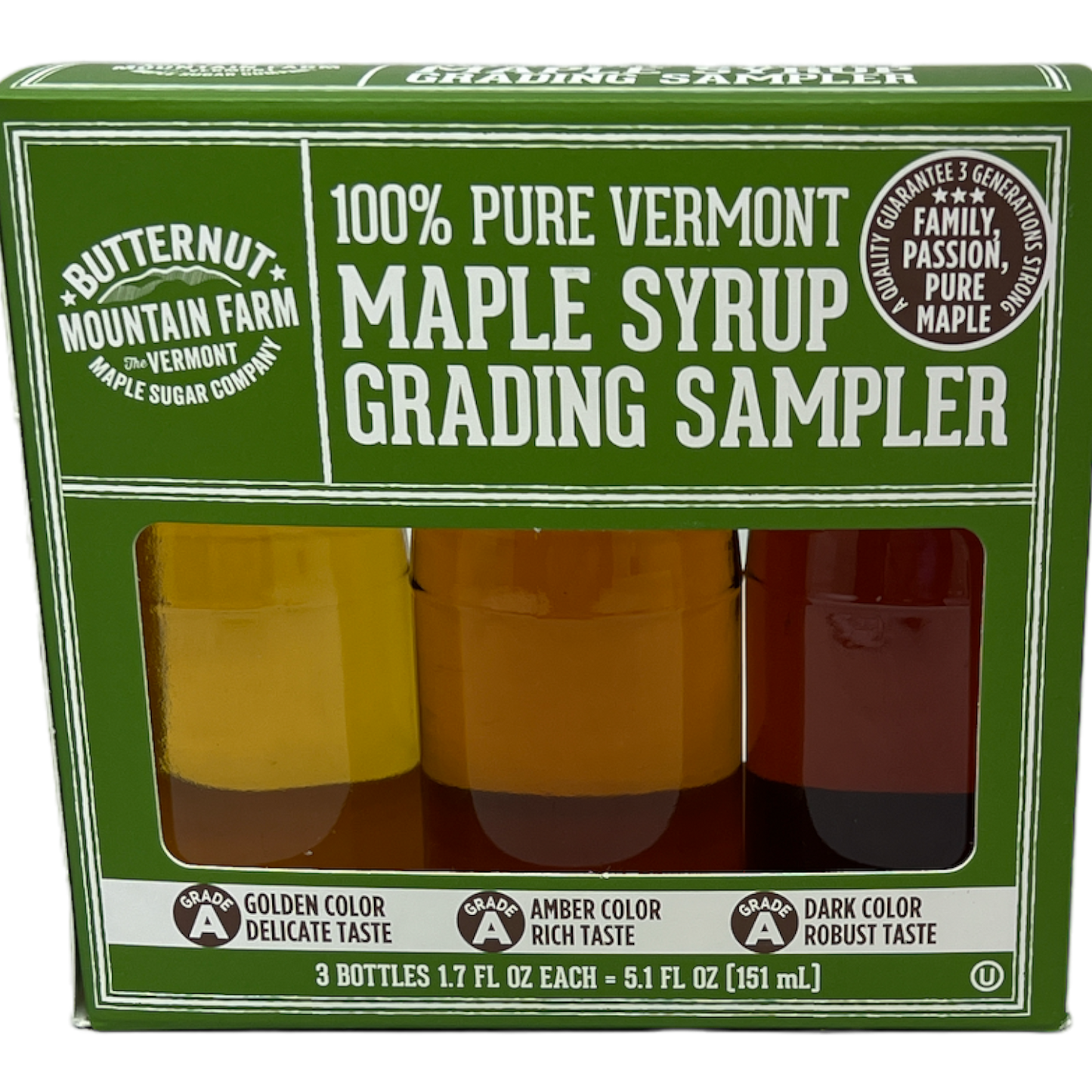 Vermont maple syrup grading sampler with 3 bottles in a green box amber to golden syrups on Tampa Home & Garden Store