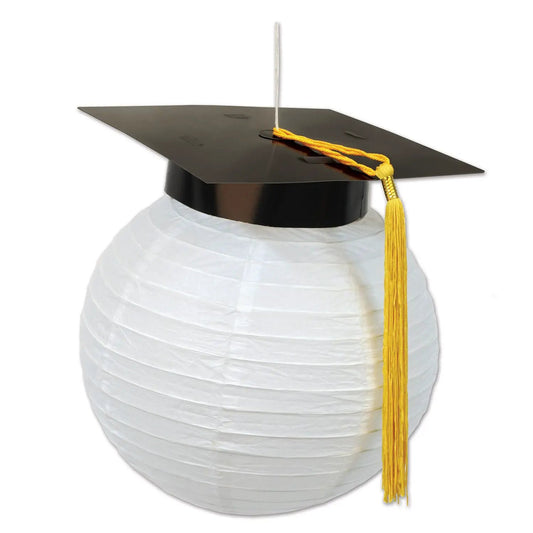 Grad Cap Paper Lanterns graduation decor white lantern with black cap and yellow tassel on Tampa Home & Garden Store