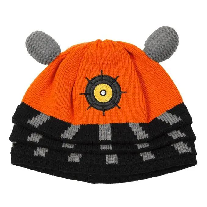 Official Doctor Who Dalek Beanie orange knit hat with Dalek eye emblem and gray antennae on Tampa Home & Garden Store