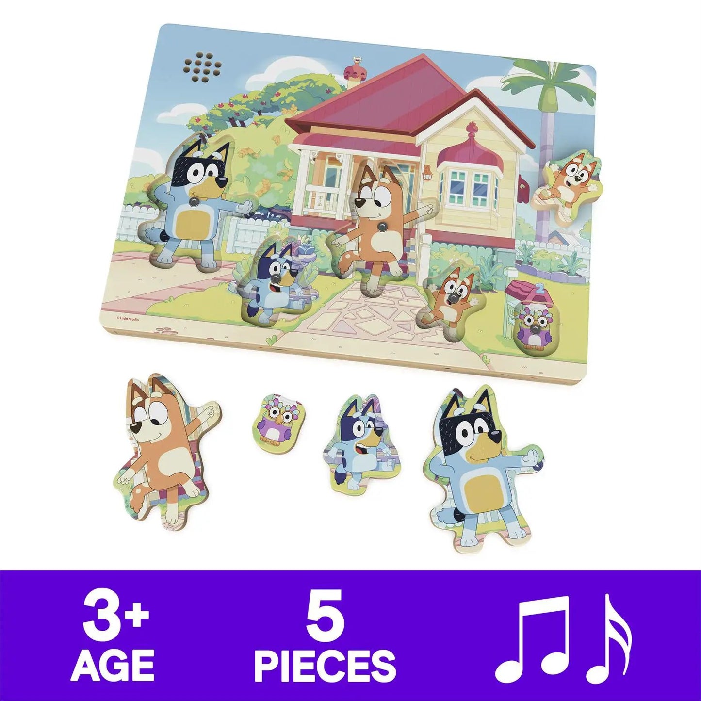 Bluey wooden sound puzzle with 5 pieces featuring dogs on a house scene Country Christmas Loft on Tampa Home & Garden Store