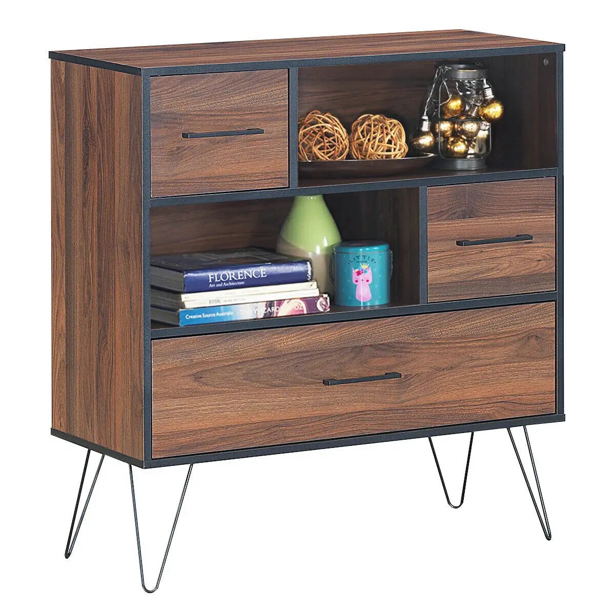 3-Tier Wood Storage Cabinet with Drawers and Legs in walnut finish with black metal frame on Tampa Home & Garden Store