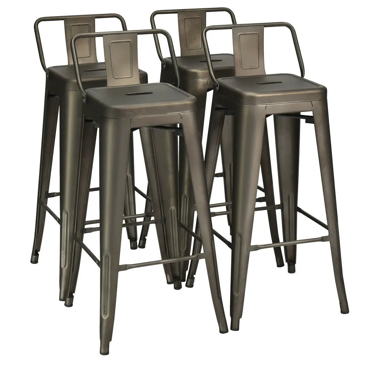 Set of 4 30-inch metal counter-height bar stools with low backs, footrests, and rubber feet in black finish on Tampa Home & Garden Store