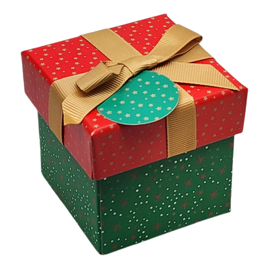 Gift Box Cube for Gift Cards, Stars Edition; red and green wrapped box with gold ribbon on Tampa Home & Garden Store