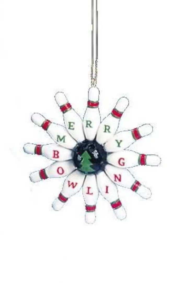 Classic Blue Collar Bowling Ornament: pins with collars spell MERRY BOWLING around a green tree on Tampa Home & Garden Store