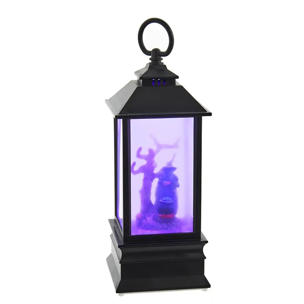 Battery Operated 3-Light Purple LED Witch Lantern with black frame on Tampa Home & Garden Store