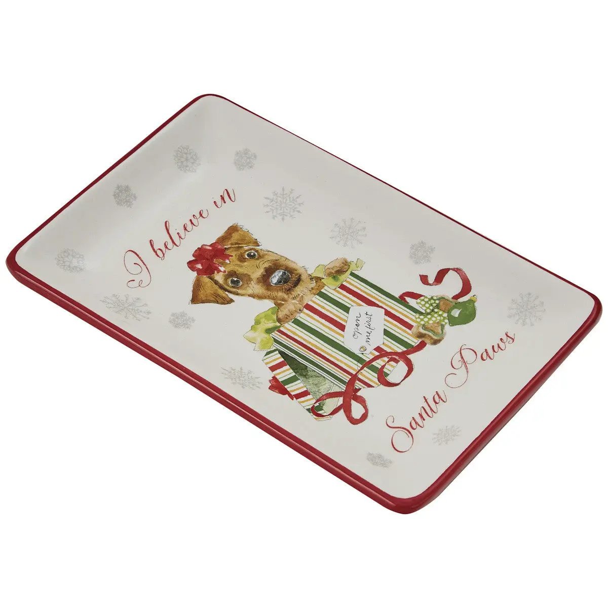 Holiday Paws Spoon Rest ceramic tray with red rim and festive puppy design on Tampa Home & Garden Store