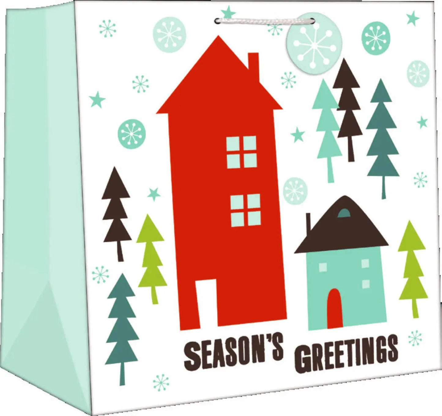 Jumbo square gift bag featuring a red house, mint side panel, teal trees, and Season's Greetings on Tampa Home & Garden Store