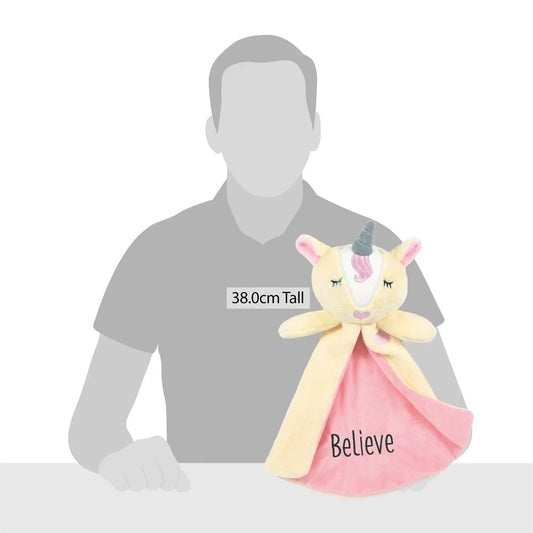 Unicorn Tagalong plush with blanket pastel cream body pink blanket with Believe blue horn on Tampa Home & Garden Store