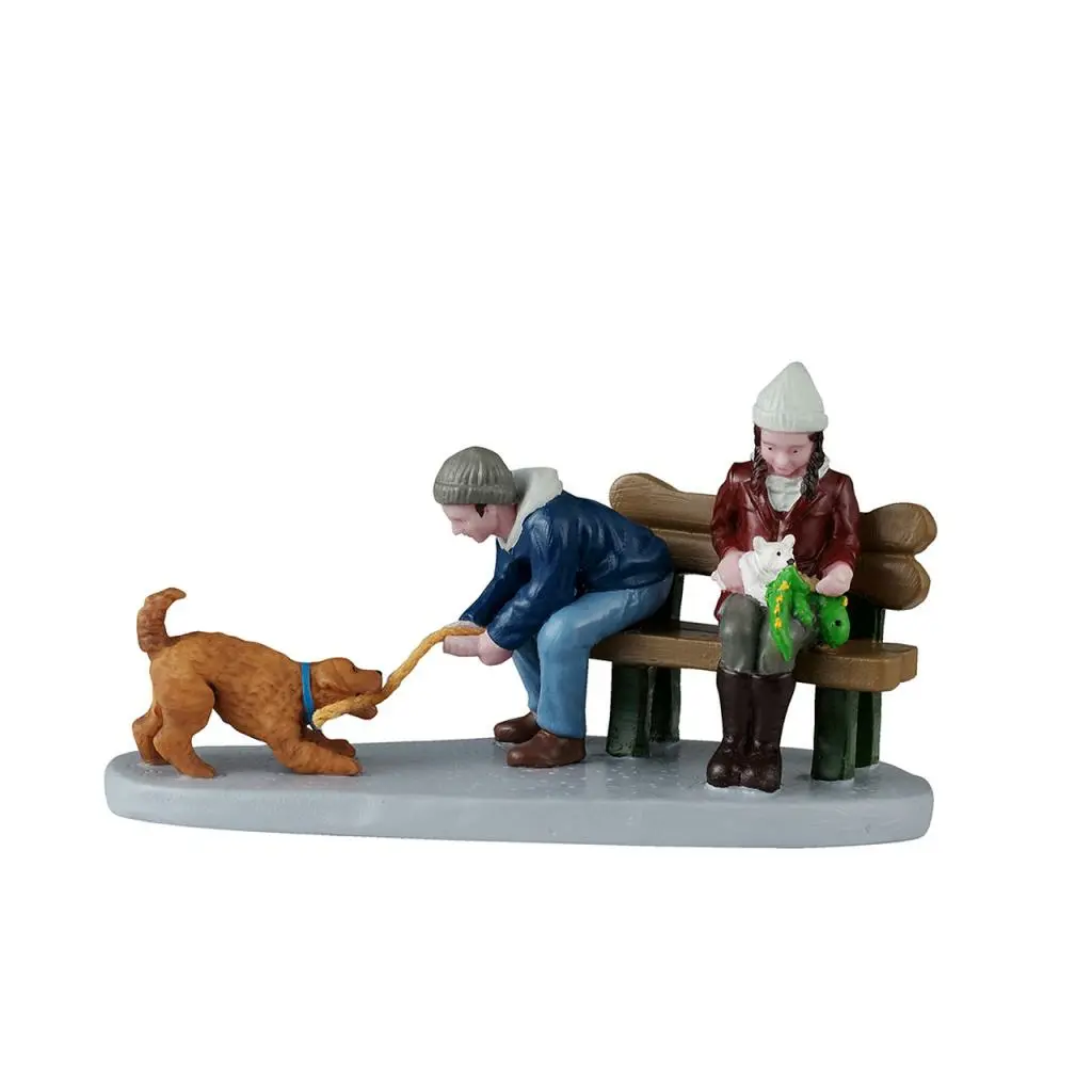 Playful Pups Figurine Winter Tug and Bench Scene with brown dog and couple on gray base on Tampa Home & Garden Store
