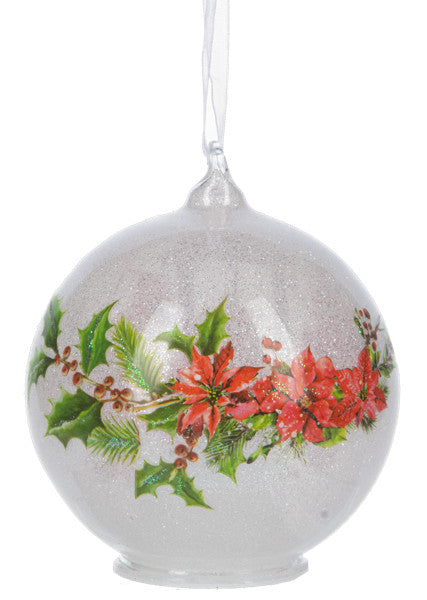 Cardinal Frost LED Glow Ornament Lantern glass ornament with holly and poinsettia design on Tampa Home & Garden Store