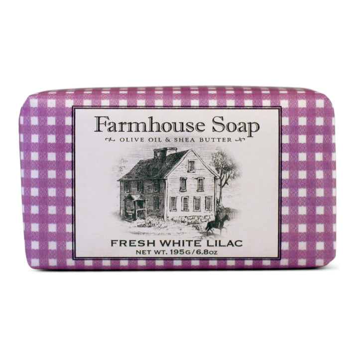 Farmhouse Soap Fresh White Lilac bar with purple gingham wrap on Tampa Home & Garden Store