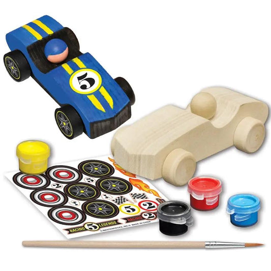 Race Car Wood Paint Kit with two wooden cars, paint pots, brush, and sticker sheet on Tampa Home & Garden Store