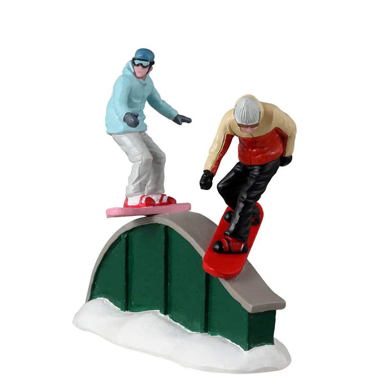 Snowboard Rails Fun in Christmas Village figurine set by The Country Christmas Loft two snowboarders on a curved rail with snow base on Tampa Home & Garden Store